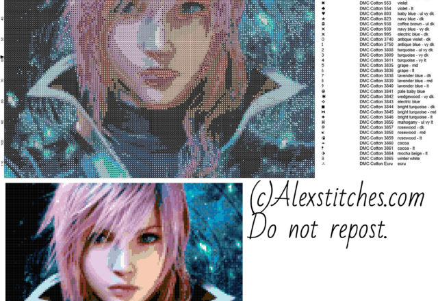 Lightning Final Fantasy XIII free videogames cross stitch pattern 150x117 50 colors