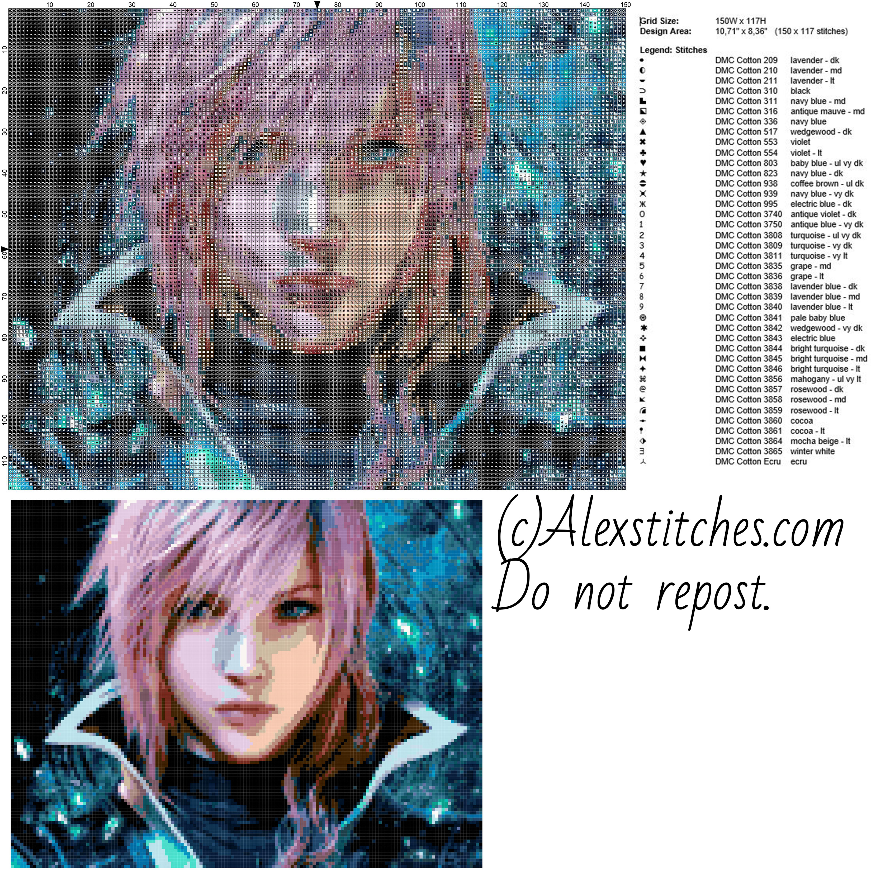 Lightning Final Fantasy XIII free videogames cross stitch pattern 150x117 50 colors