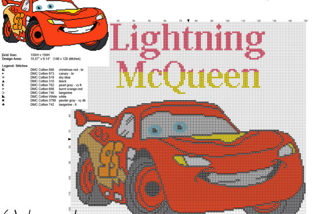 Lightning McQueen from Disney cartoon Cars and Cars 2 free cross stitch pattern big size about 150 x 150
