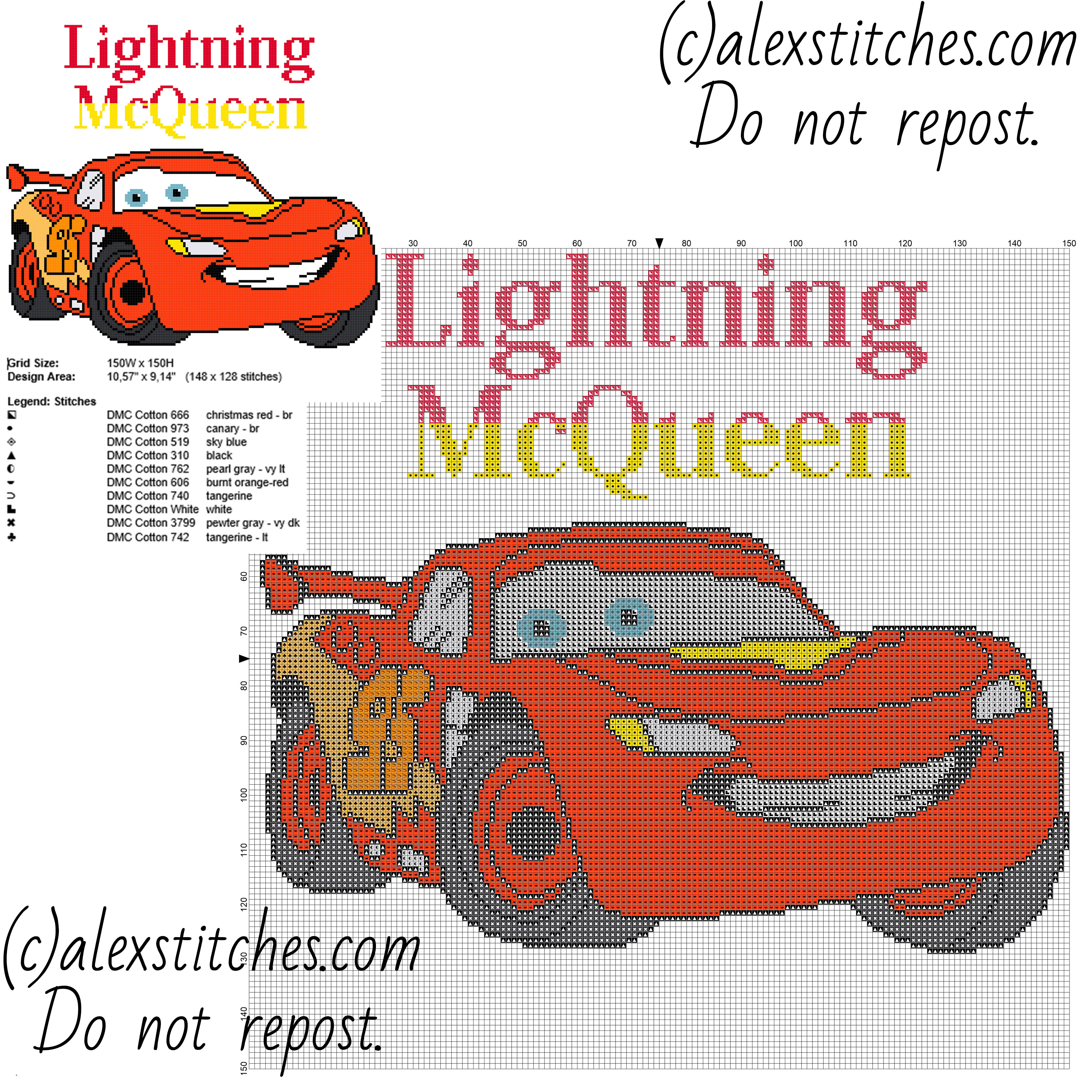 Lightning McQueen from Disney cartoon Cars and Cars 2 free cross stitch pattern big size about 150 x 150