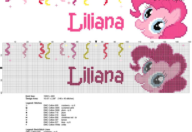 Liliana cross stitch baby female name with Pinkie Pie My Little Pony