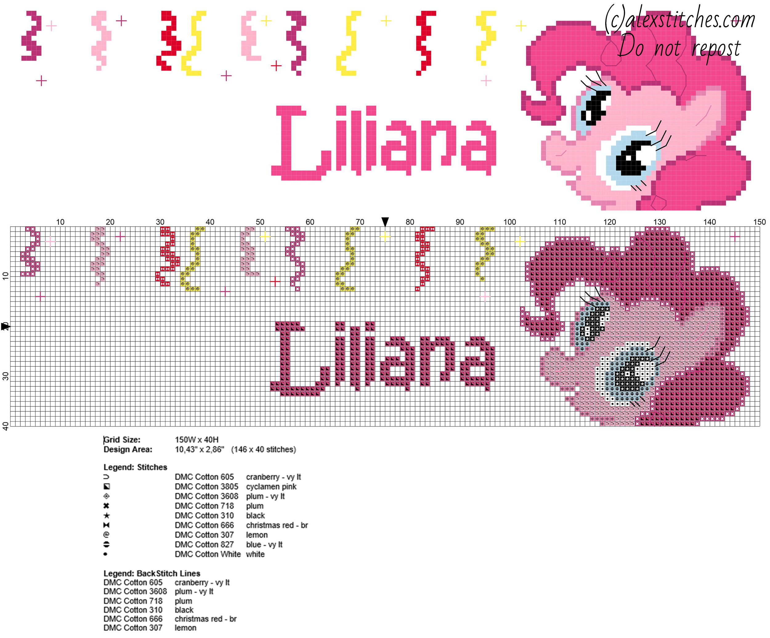 Liliana cross stitch baby female name with Pinkie Pie My Little Pony