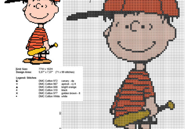 Linus baseball player Peanuts free cross stitch pattern 71 x 99 6 colors