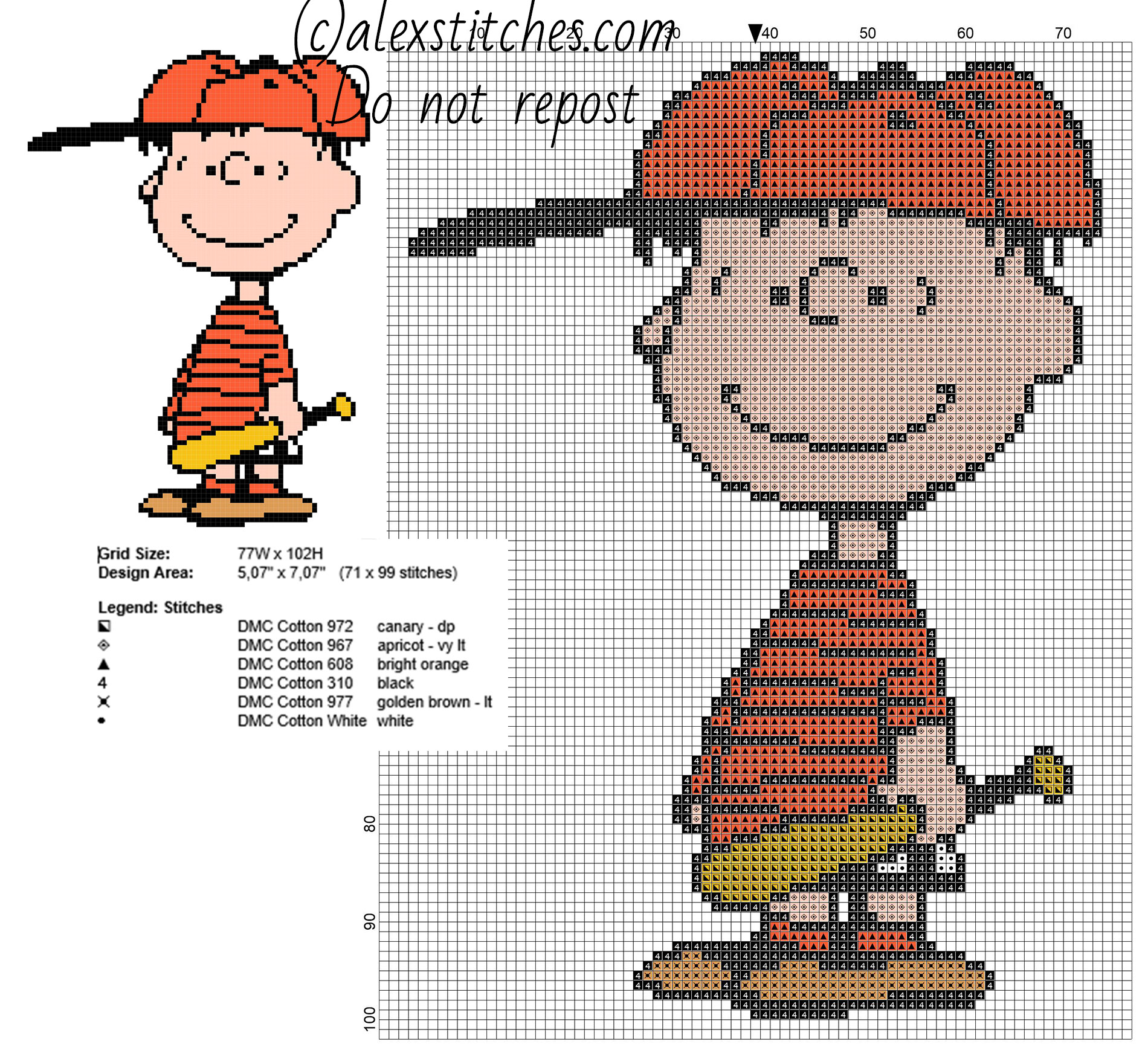 Linus baseball player Peanuts free cross stitch pattern 71 x 99 6 colors