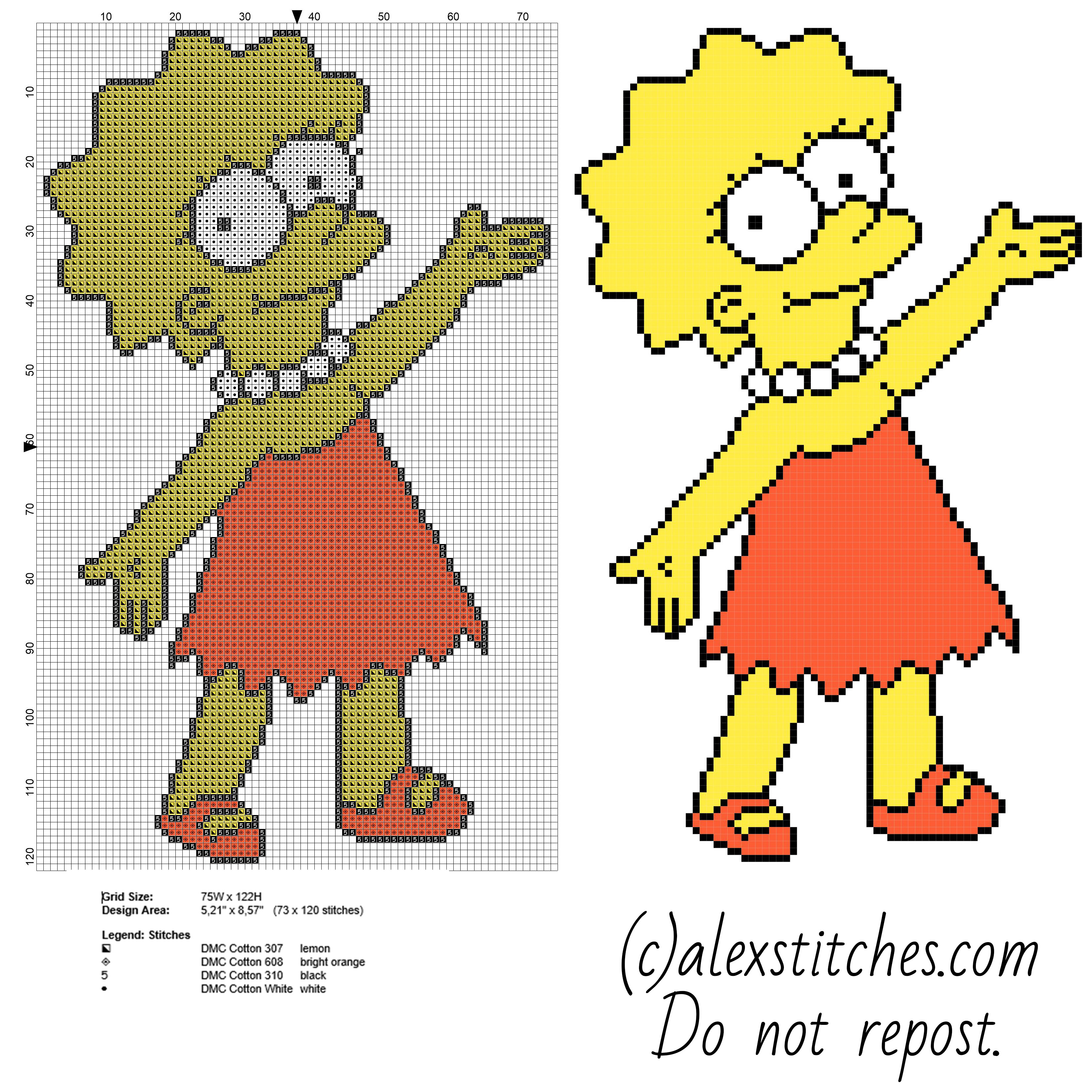 Lisa Simpson The Simpsons character free cartoon cross stitch pattern -  free cross stitch patterns by Alex