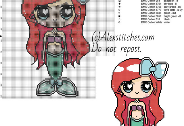 Little Ariel princess Disney free cross stitch pattern 100x112 12 colors