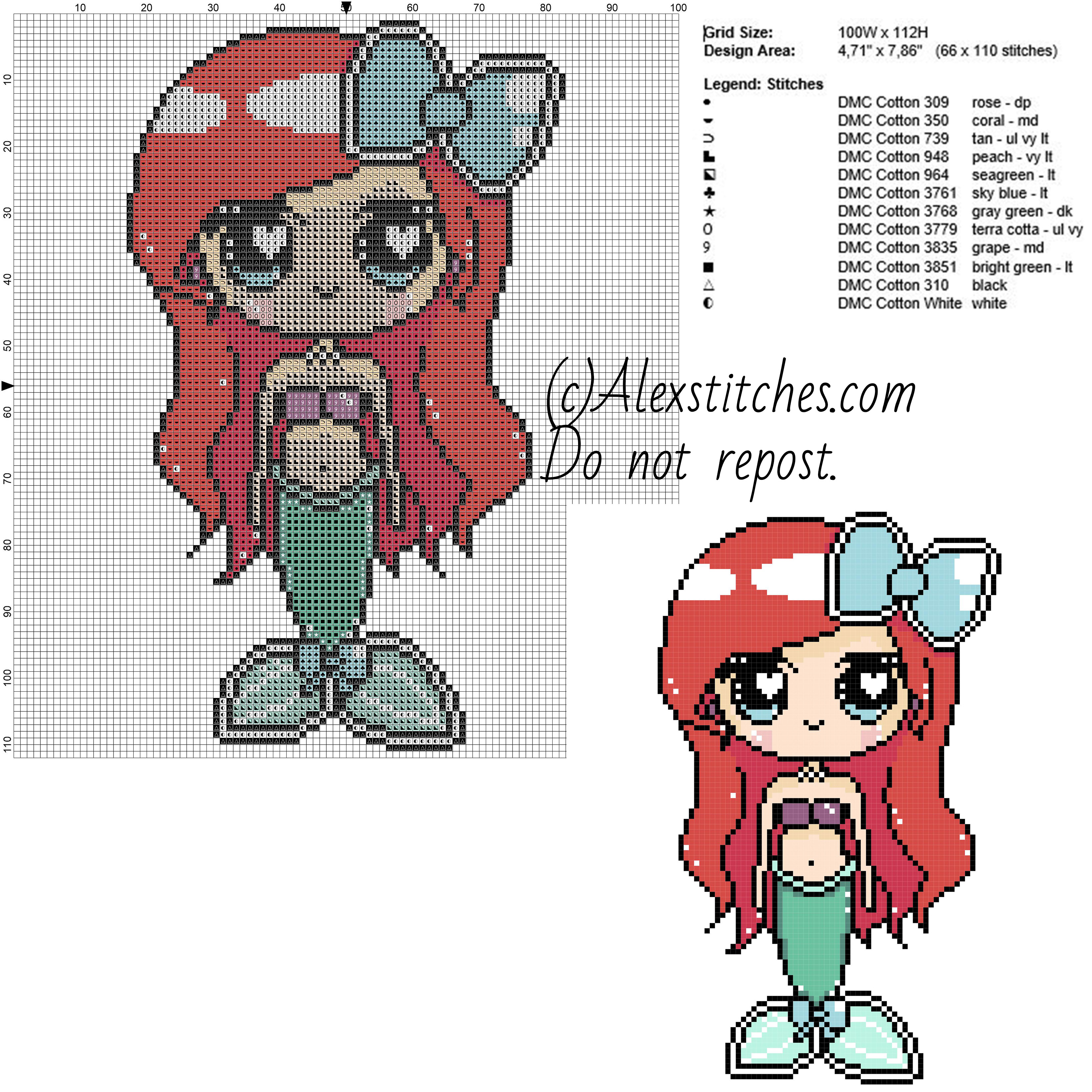Little Ariel princess Disney free cross stitch pattern 100x112 12 colors