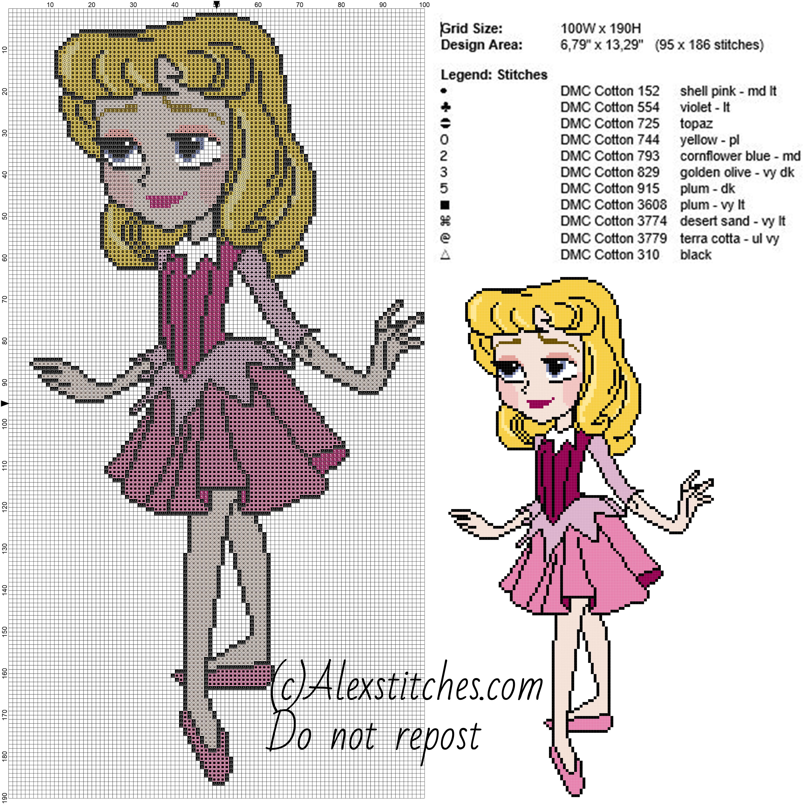 Little Aurora princess disney free cross stitch pattern 100x190 11 colors
