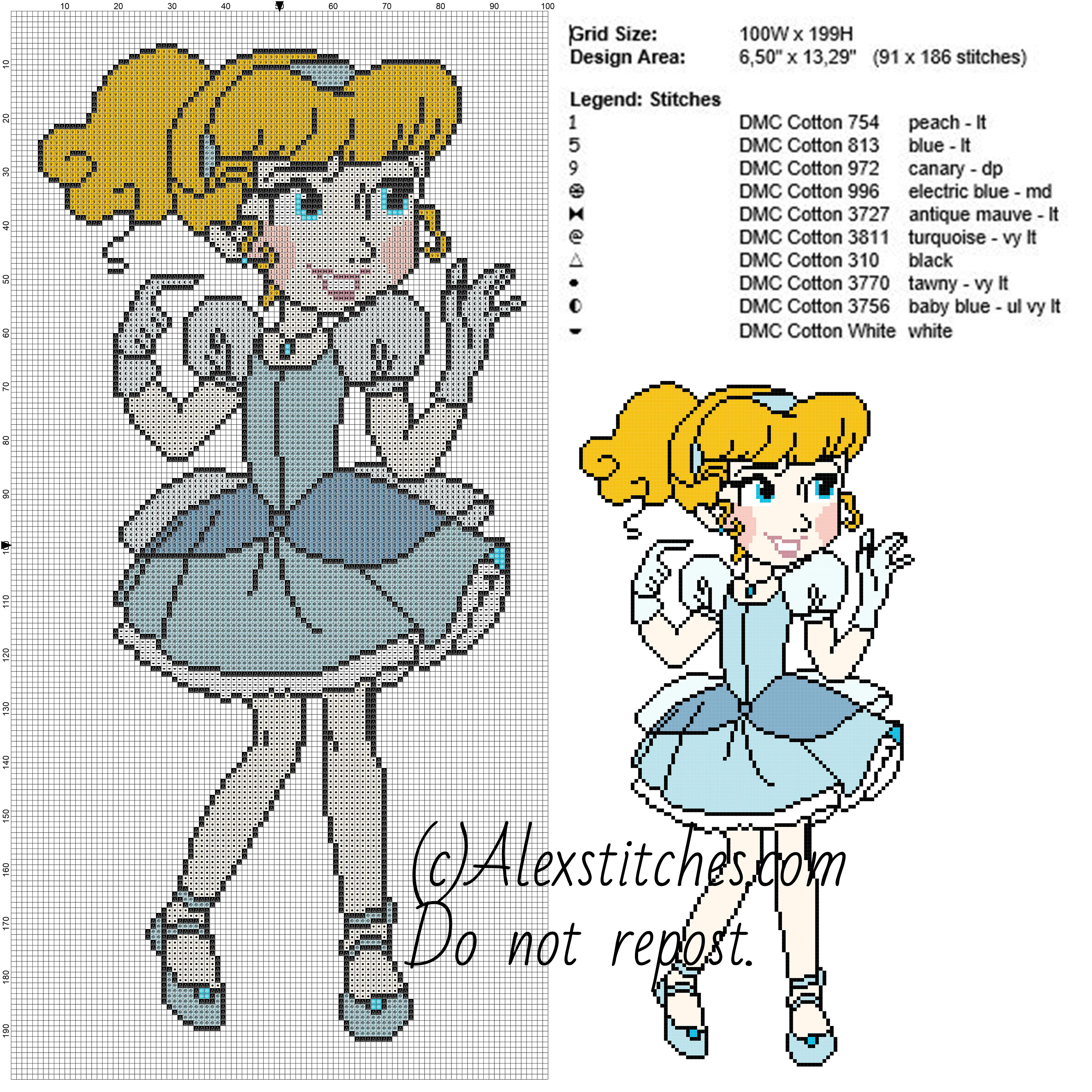 Little Cinderella princess Disney free cross stitch pattern 100x199 10 colors