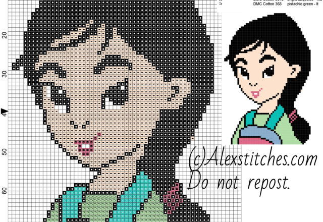 Little Mulan face princess Disney free cross stitch pattern 60x79 6 colors