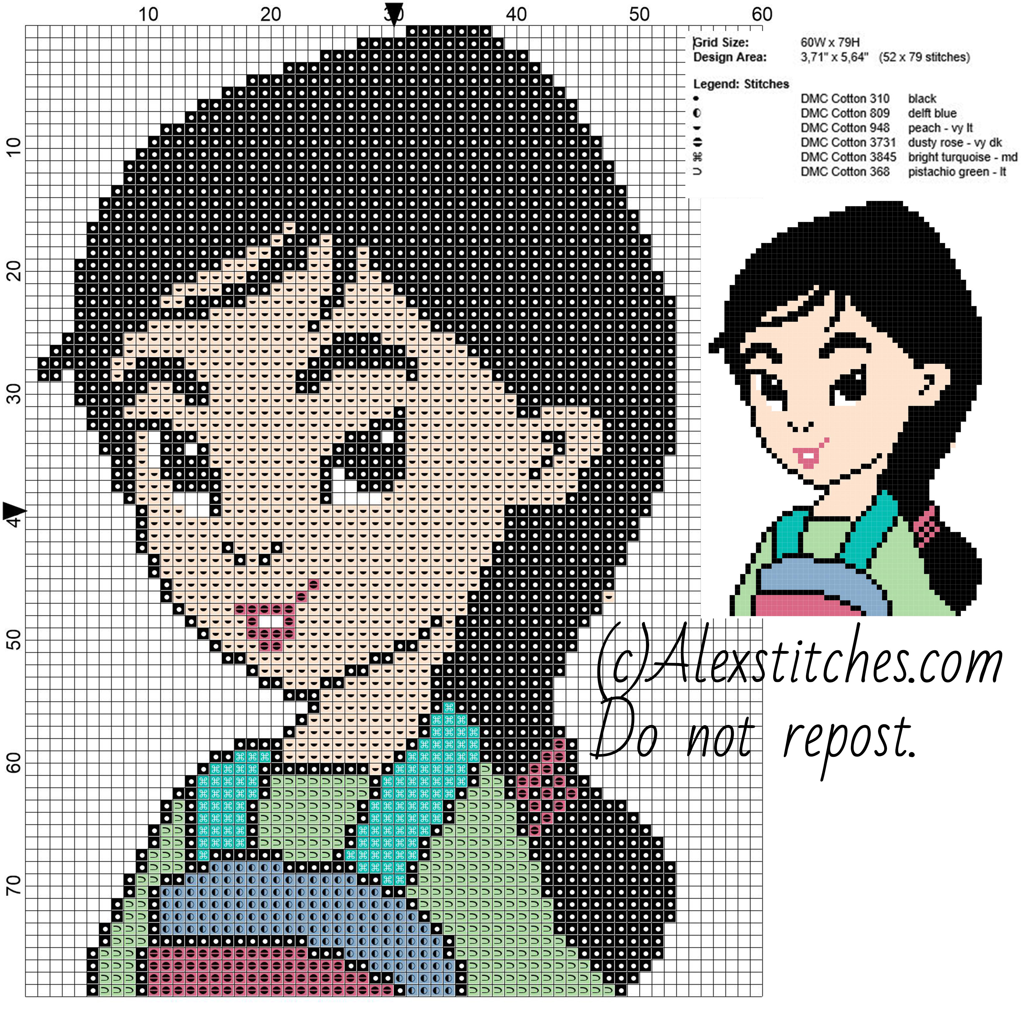 Little Mulan face princess Disney free cross stitch pattern 60x79 6 colors