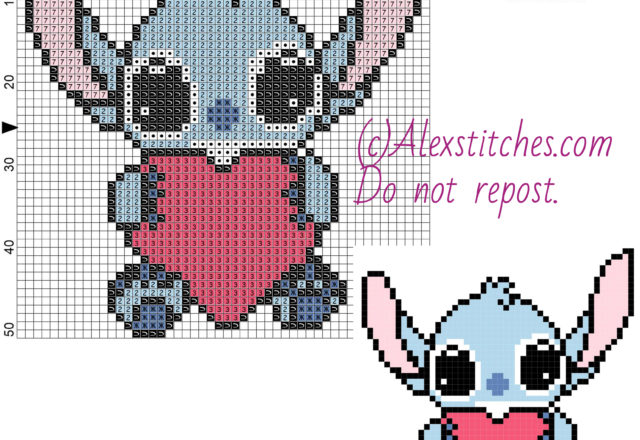 Little Stitch with heart free Disney cross stitch pattern 50x51 6 colors