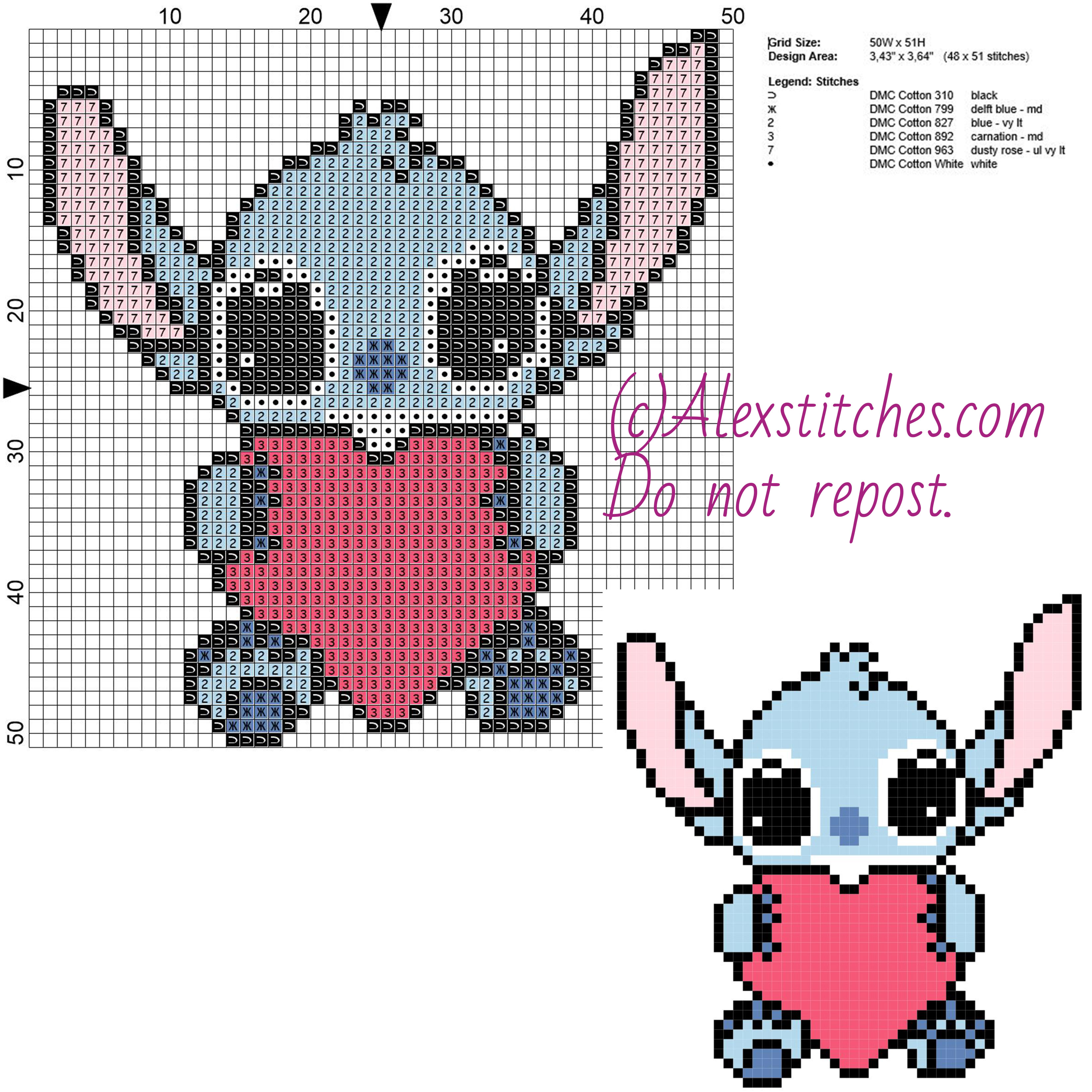 Little Stitch with heart free Disney cross stitch pattern 50x51 6 colors
