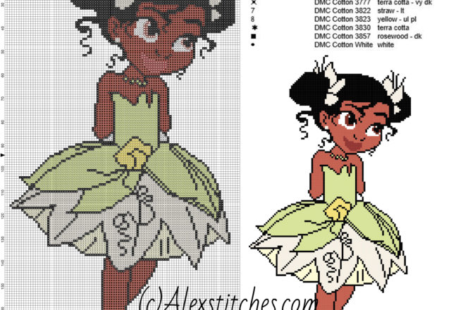 Little Tiana princess Disney free cross stitch pattern 100x188 9 colors