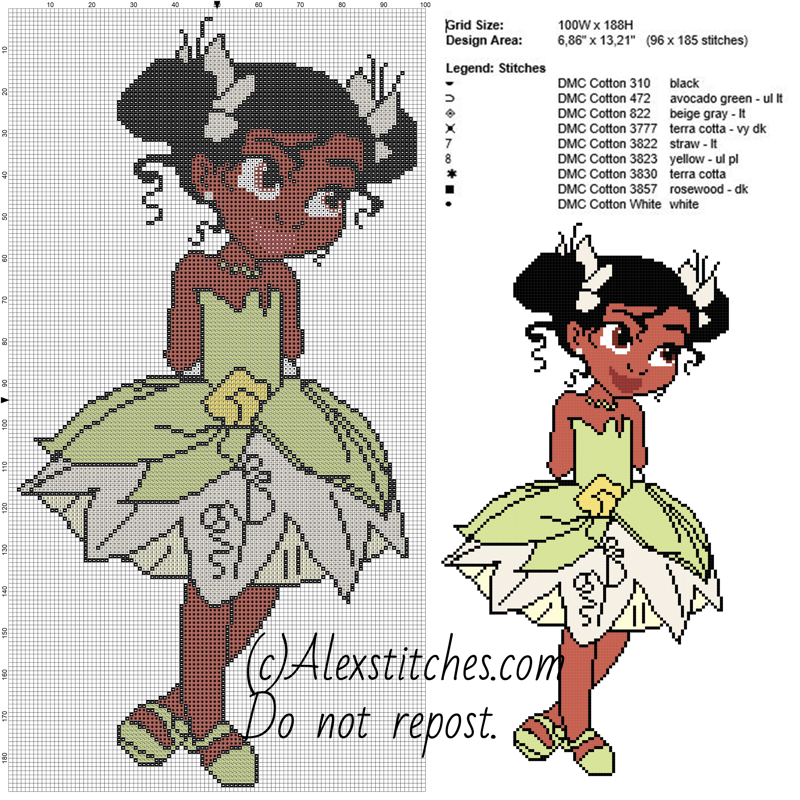 Little Tiana princess Disney free cross stitch pattern 100x188 9 colors