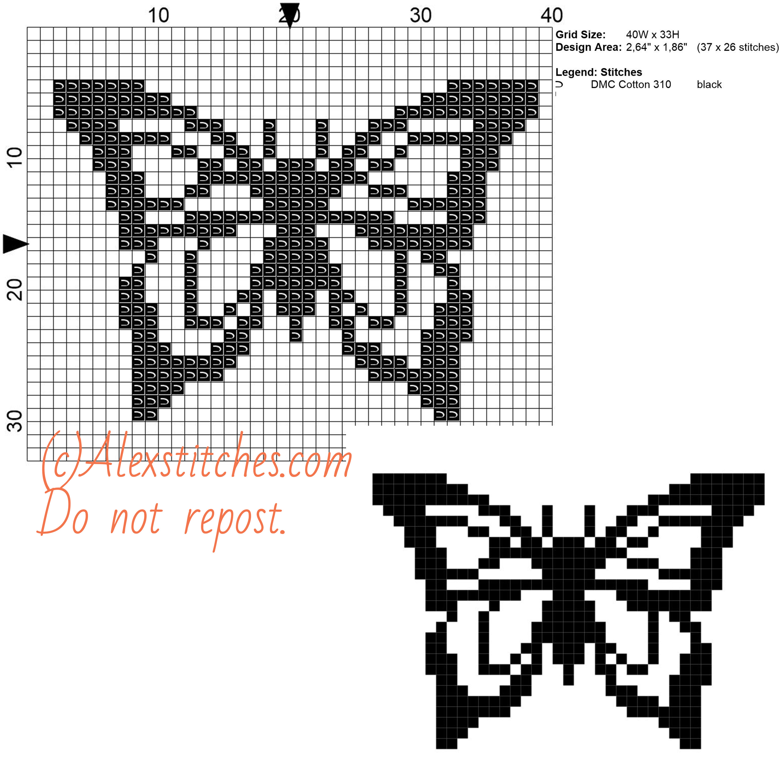 Little black butterfly free cross stitch pattern 40x30 1 color