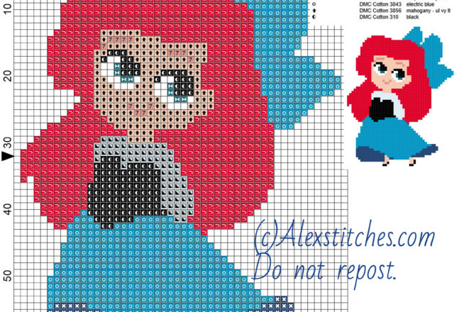 Little chibi Ariel 2 Disney princess free cross stitch pattern 50x64 8 colors