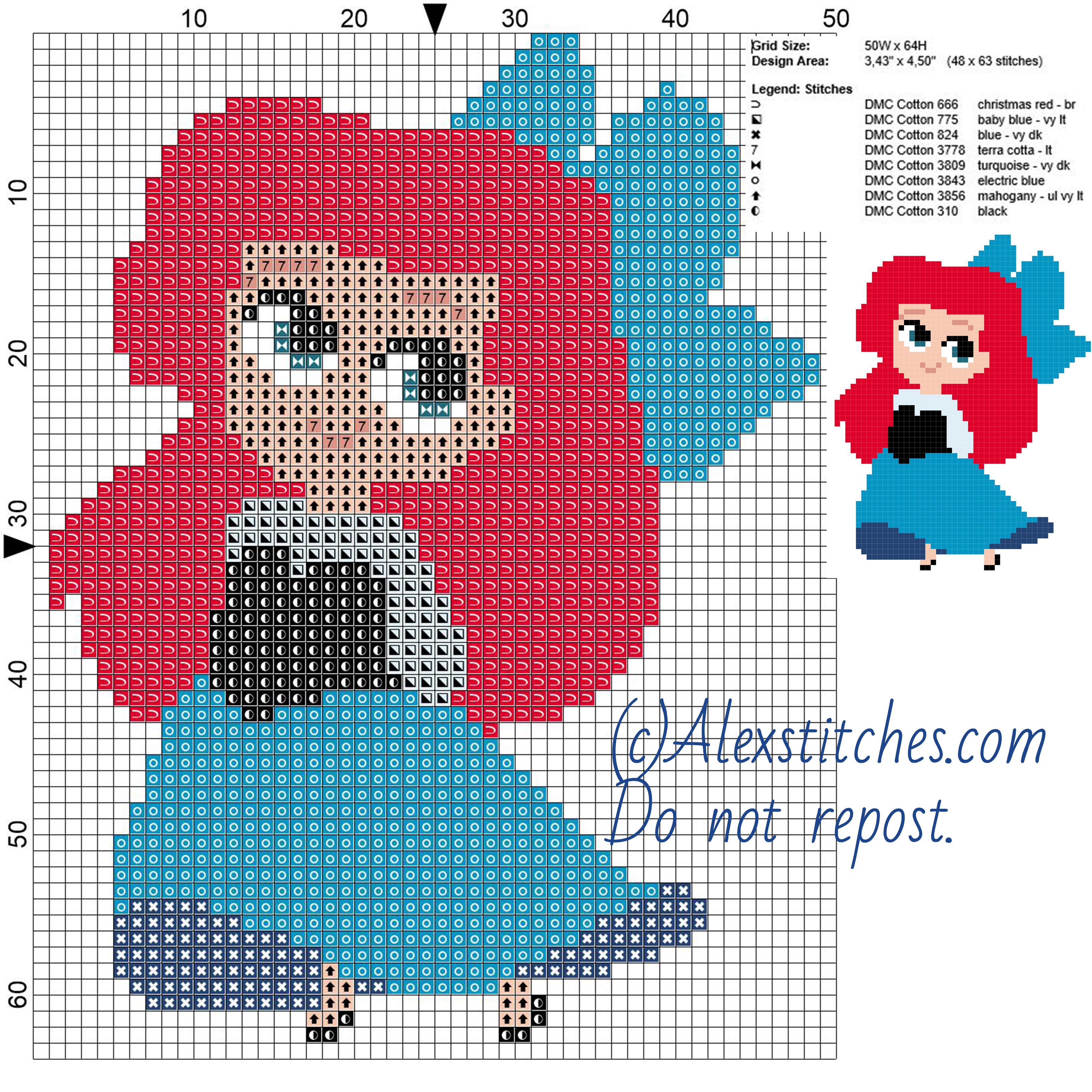 Little chibi Ariel 2 Disney princess free cross stitch pattern 50x64 8 colors