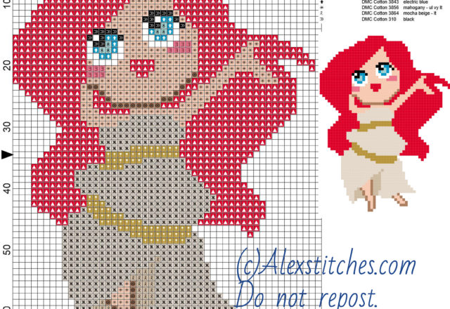 Little chibi Ariel the Little Marmaid Disney princess free cross stitch pattern 50x69 10 colors