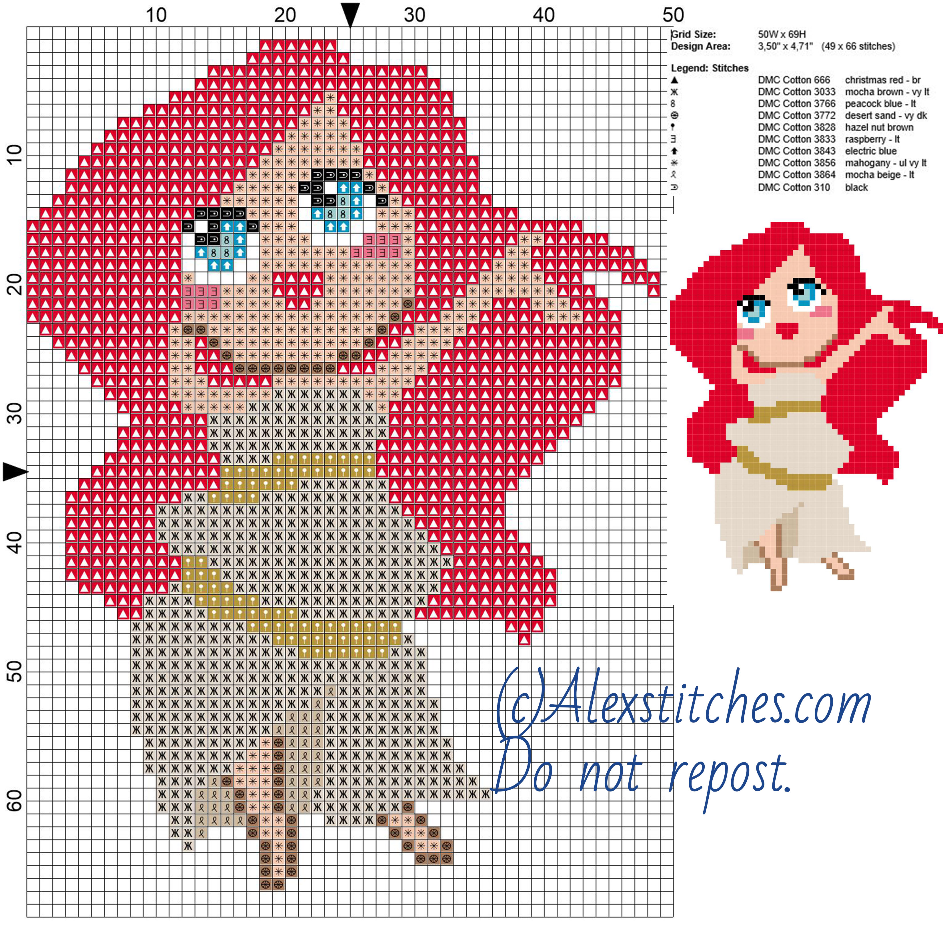 Little chibi Ariel the Little Marmaid Disney princess free cross stitch pattern 50x69 10 colors