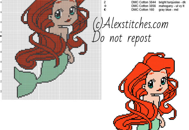Little marmaid Ariel princess Disney chibi free cross stitch pattern 100x128 6 colors