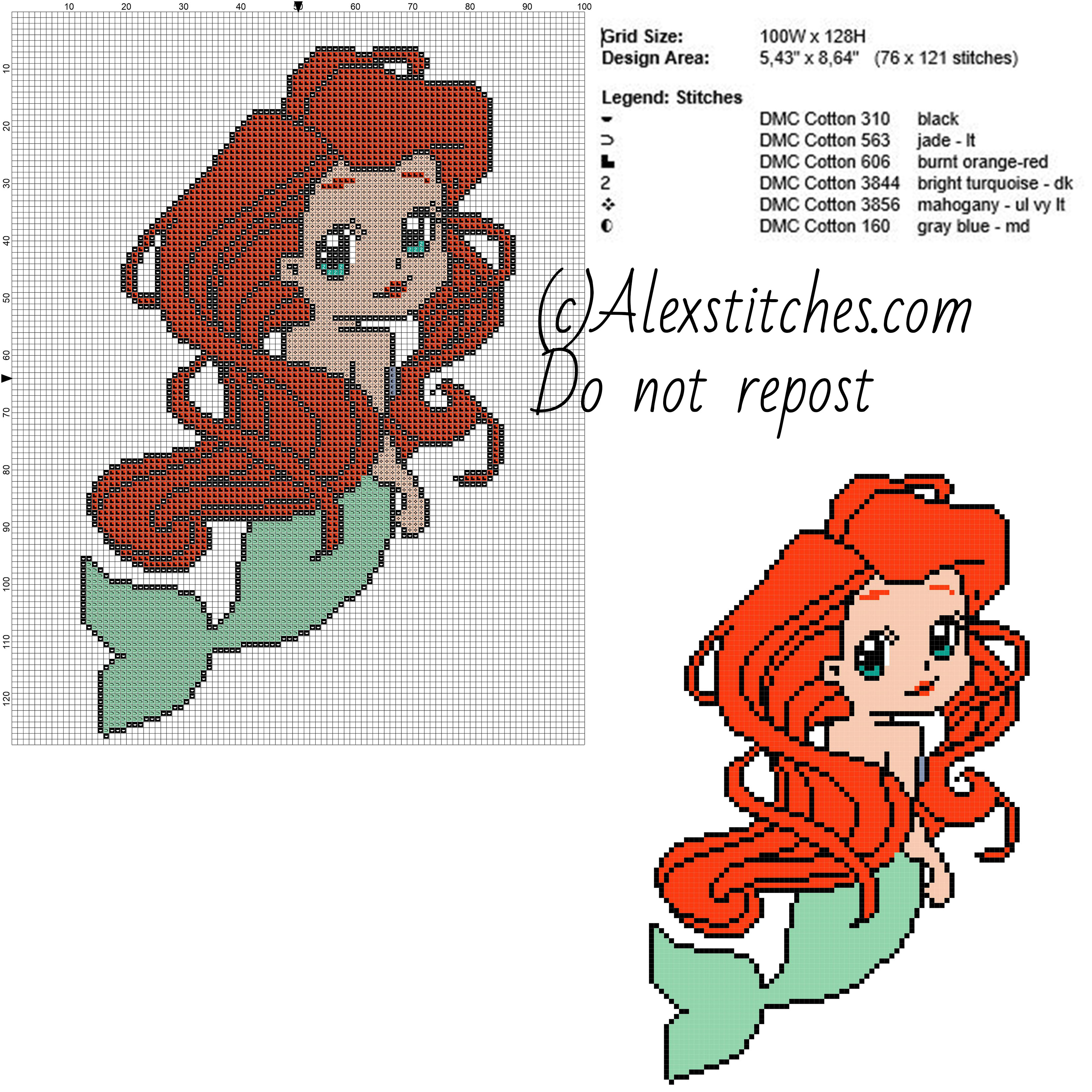 Little marmaid Ariel princess Disney chibi free cross stitch pattern 100x128 6 colors