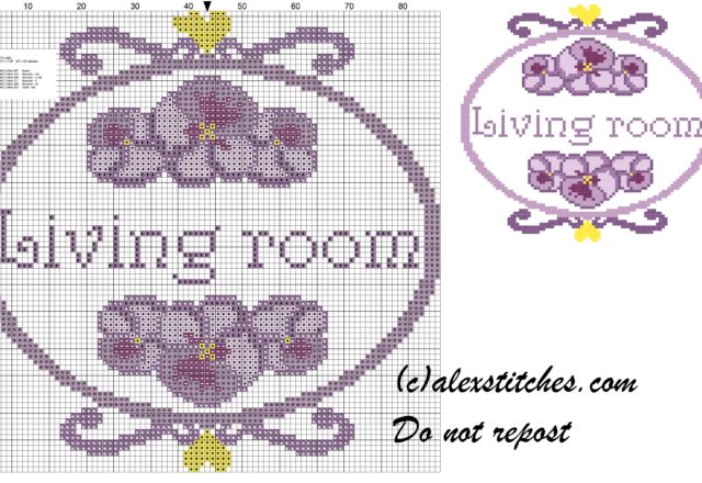 Living room double pansy cross stitch patern