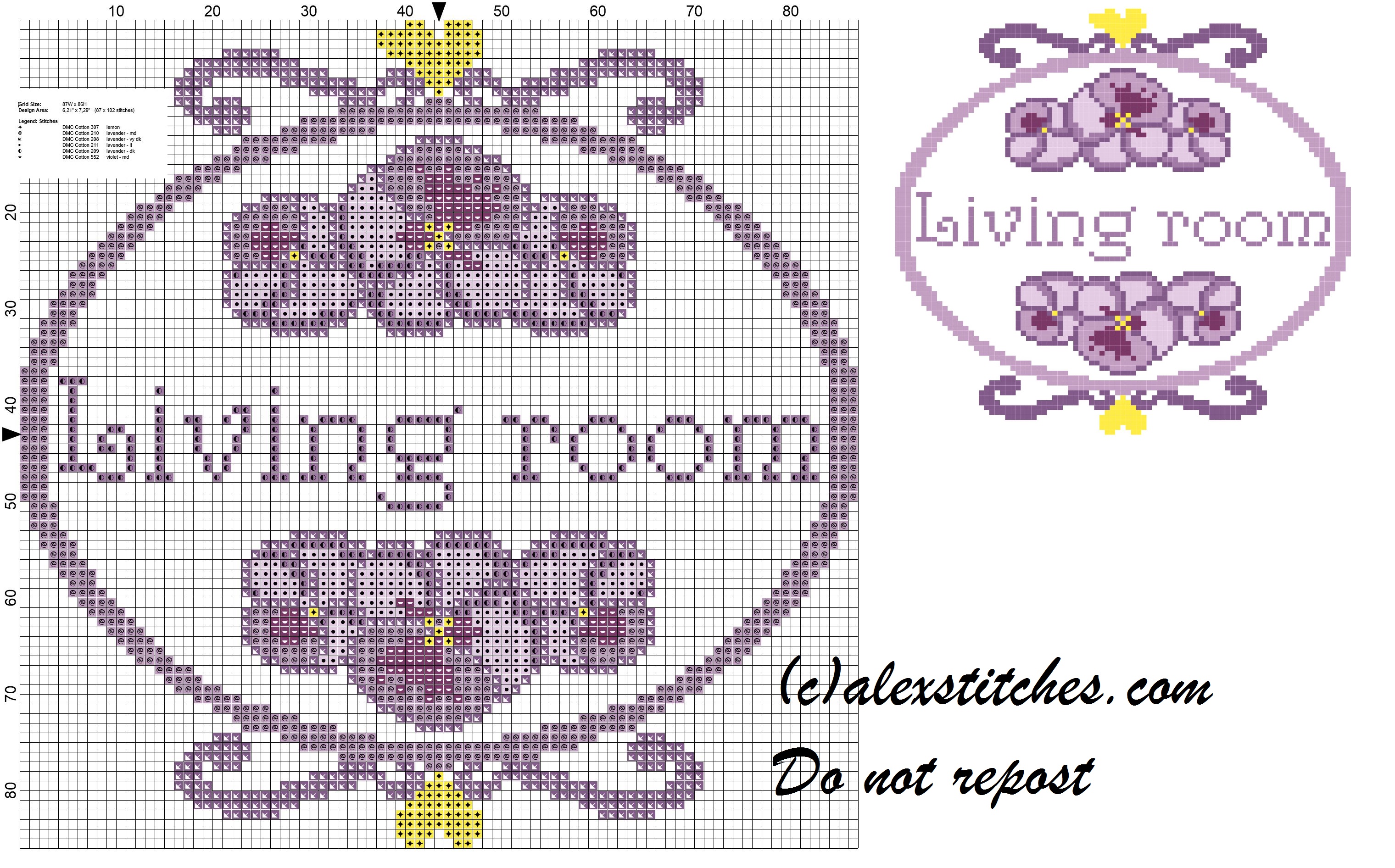Living room double pansy cross stitch patern