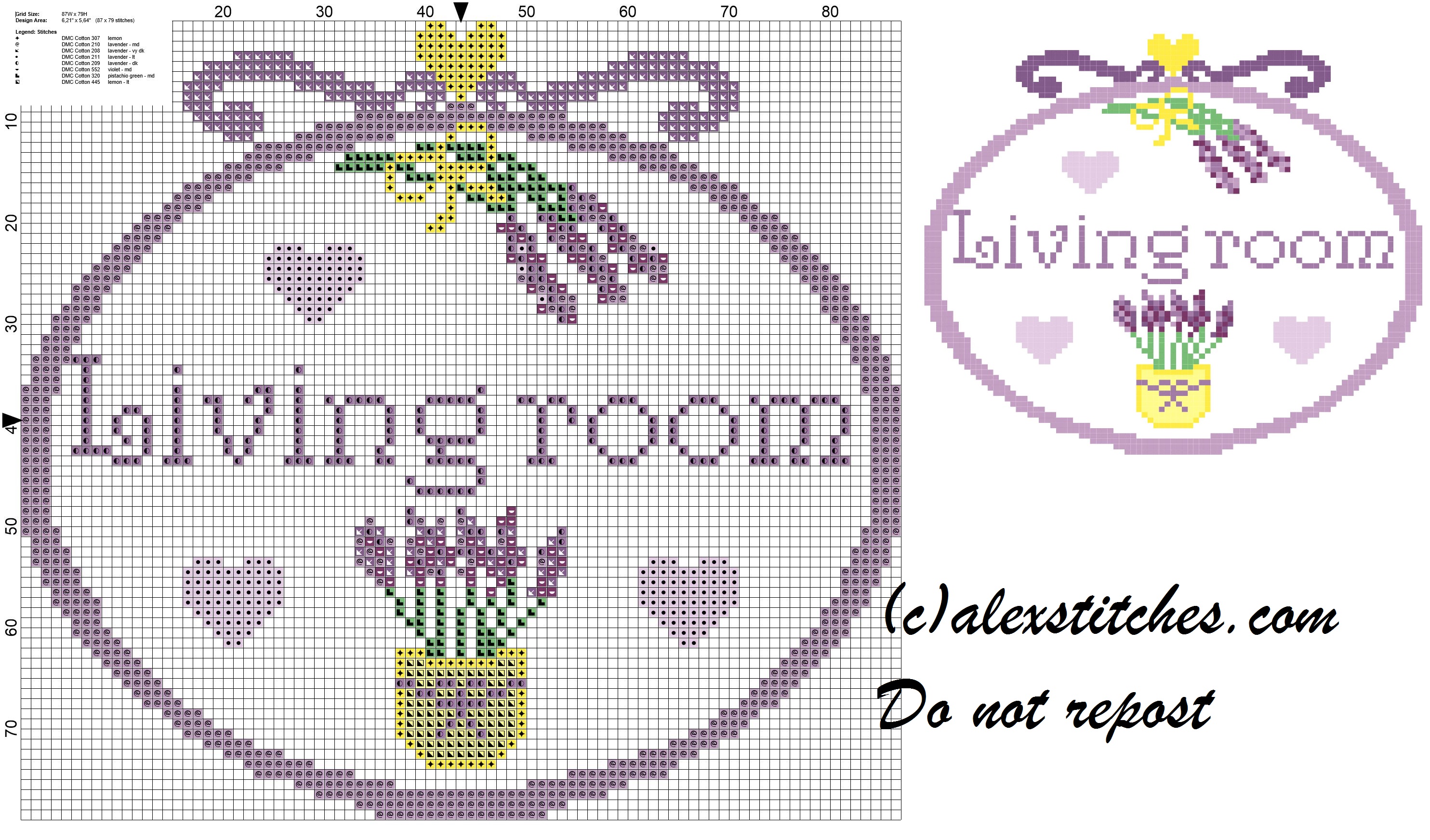 Living room lavender pot cross stitch pattern