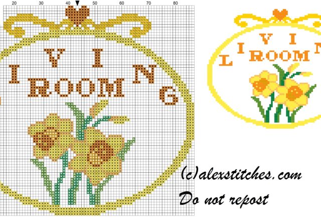 Living room with daffodils cross stitch pattern