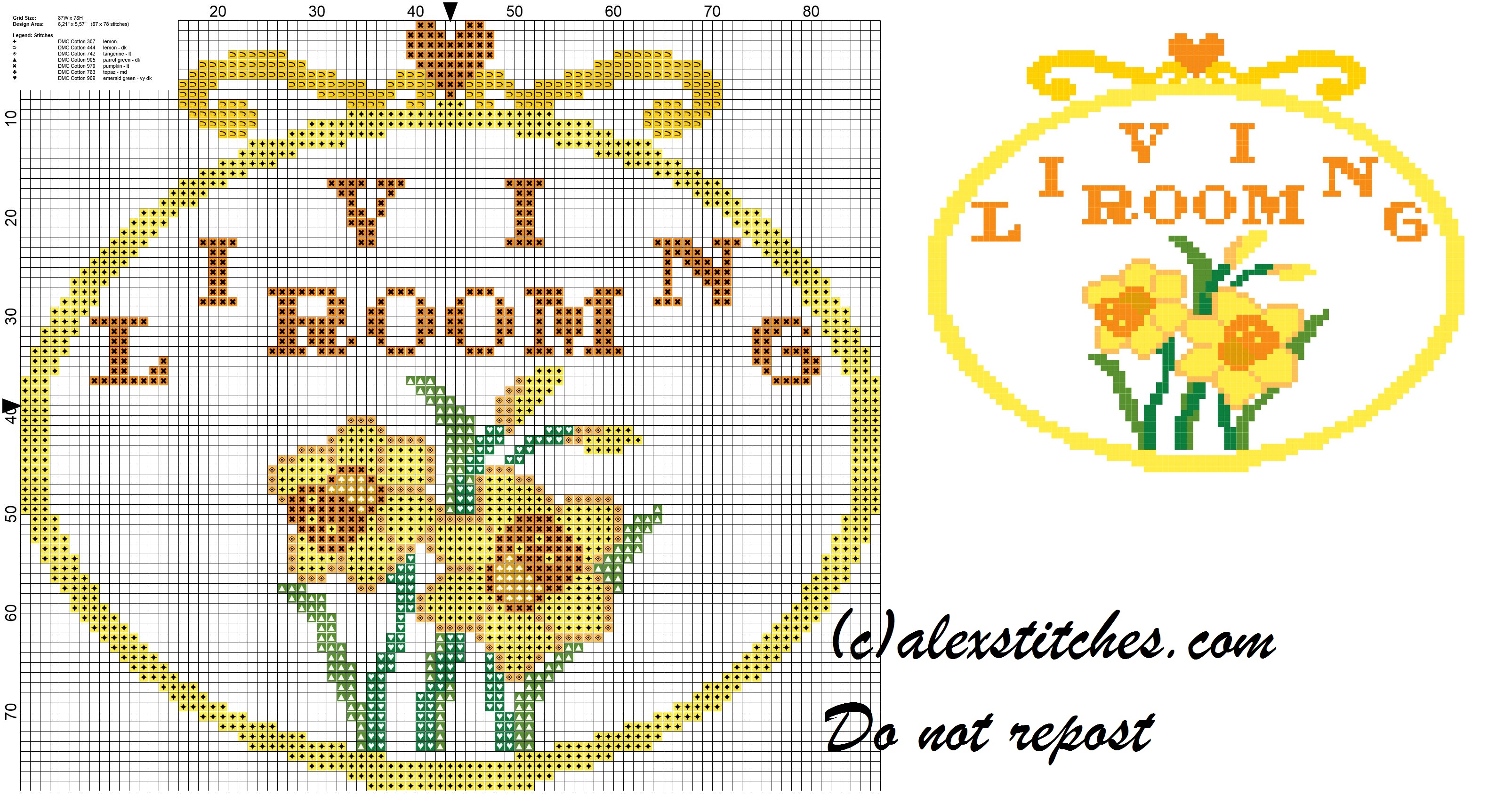 Living room with daffodils cross stitch pattern