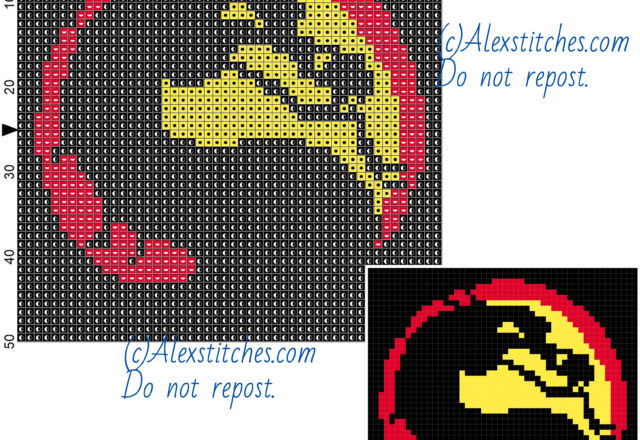 Logo Mortal Kombat free videogames cross stitch pattern 50x50 3 colors