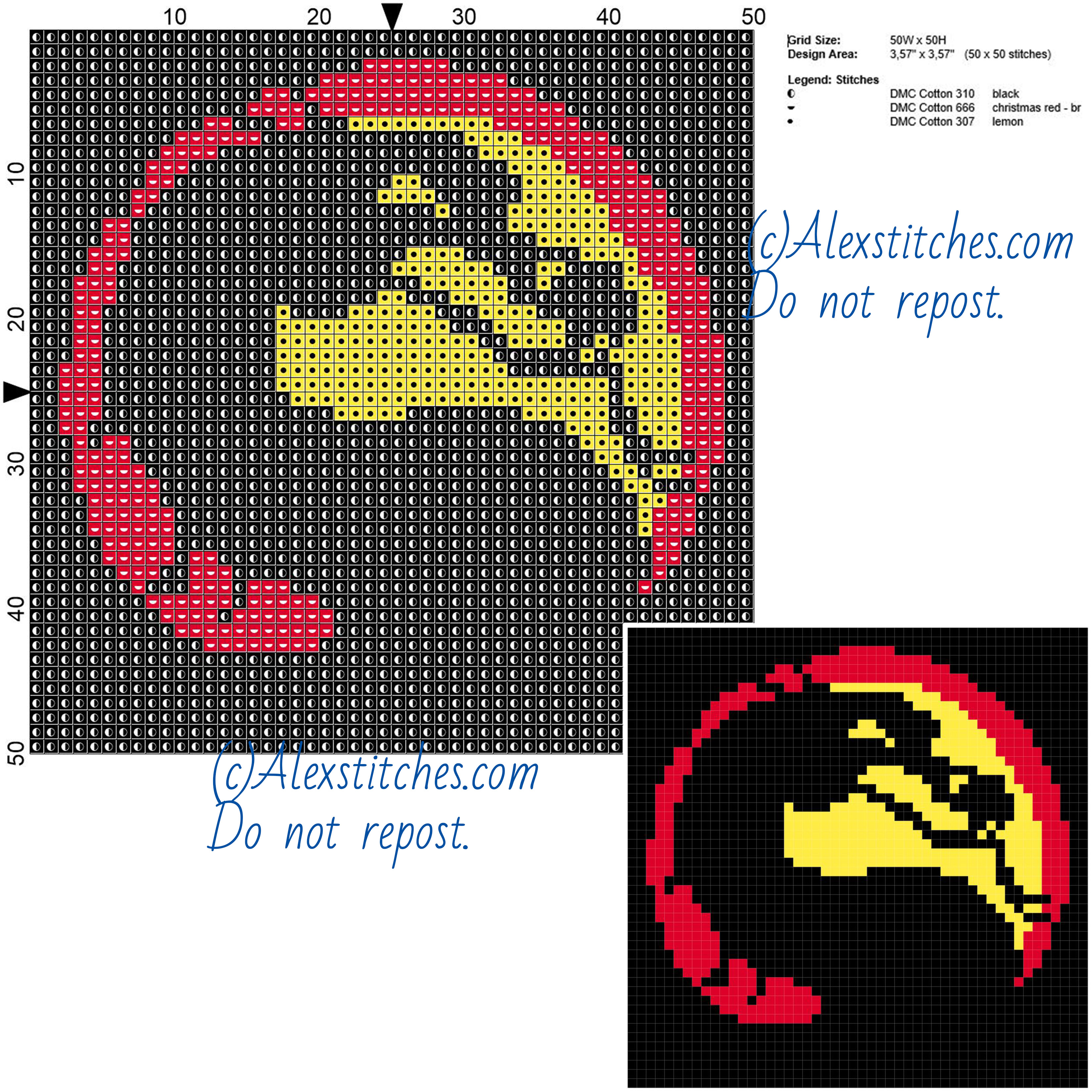 Logo Mortal Kombat free videogames cross stitch pattern 50x50 3 colors