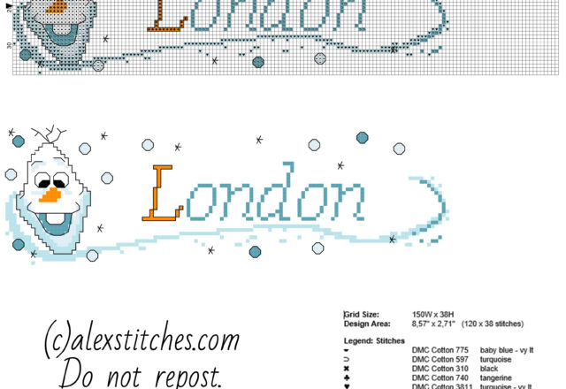 London cross stitch baby female name with Disney Frozen Olaf free download