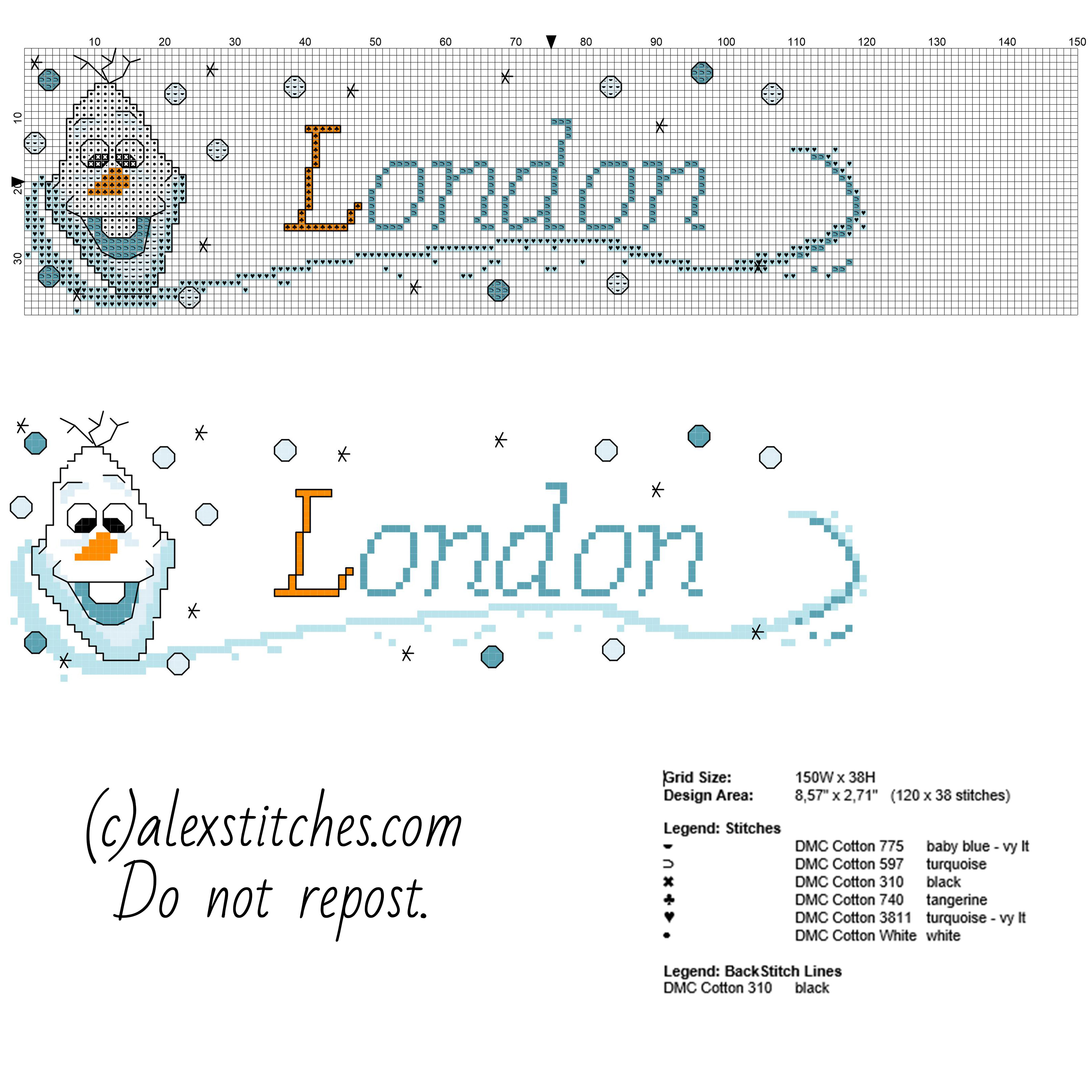 London cross stitch baby female name with Disney Frozen Olaf free download