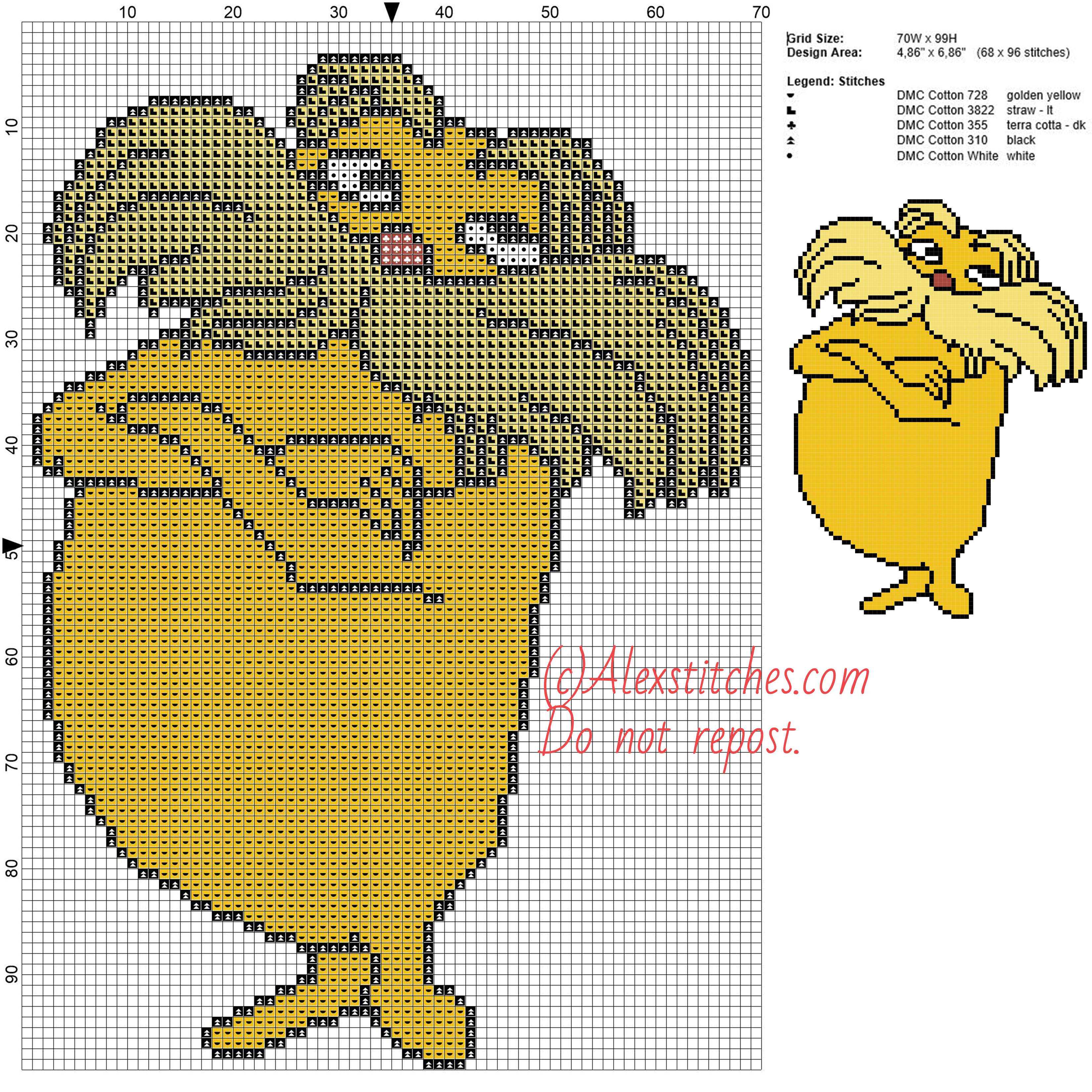 Lorax (Dr_ Seuss) free cross stitch pattern 70x99 5 colors