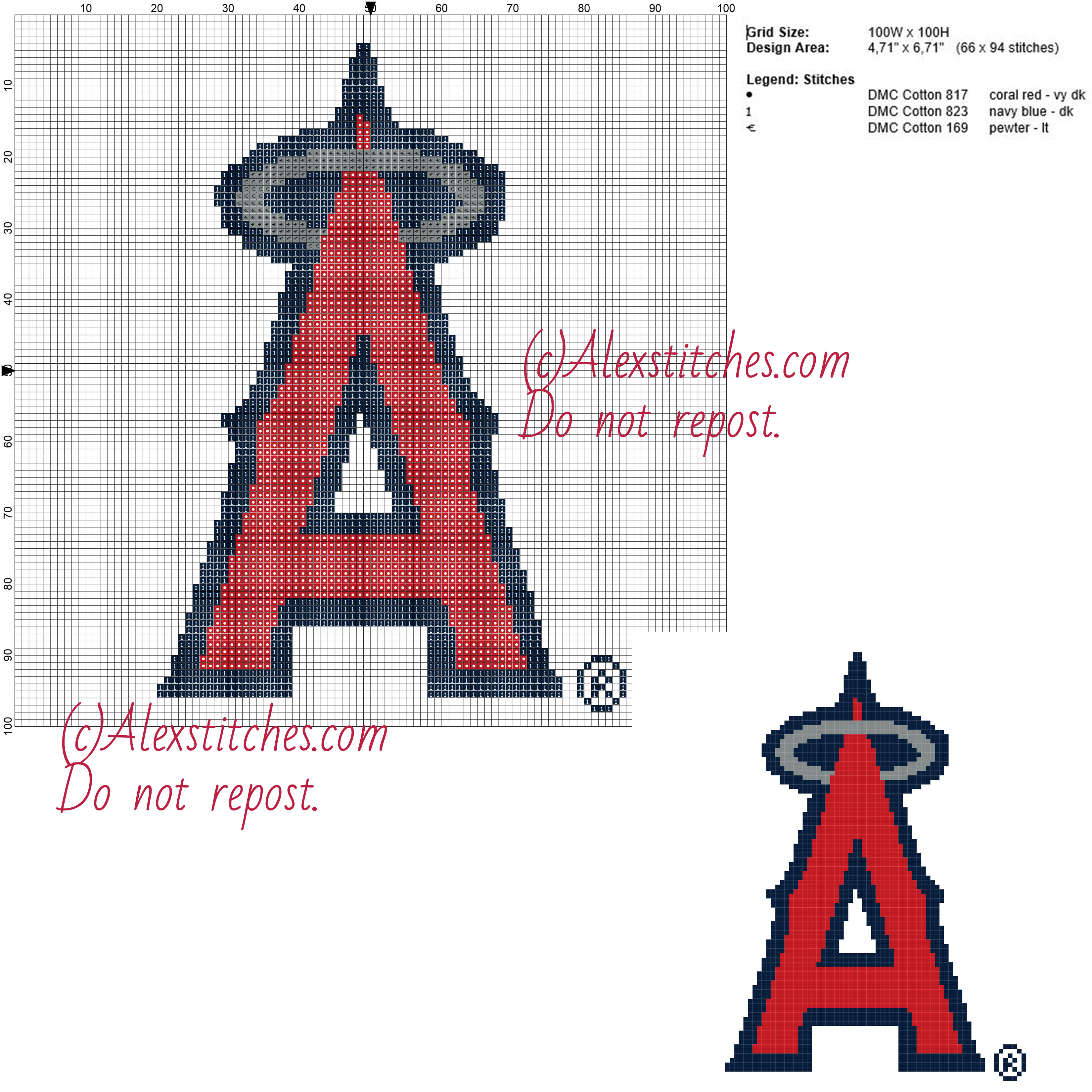 Los Angeles Angels of Anaheim free logo Major League Baseball MLB cross stitch pattern 100x100 3 colors