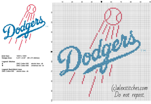 Los Angeles Dodgers Major League baseball MLB team logo cross stitch pattern 90 x 91 size