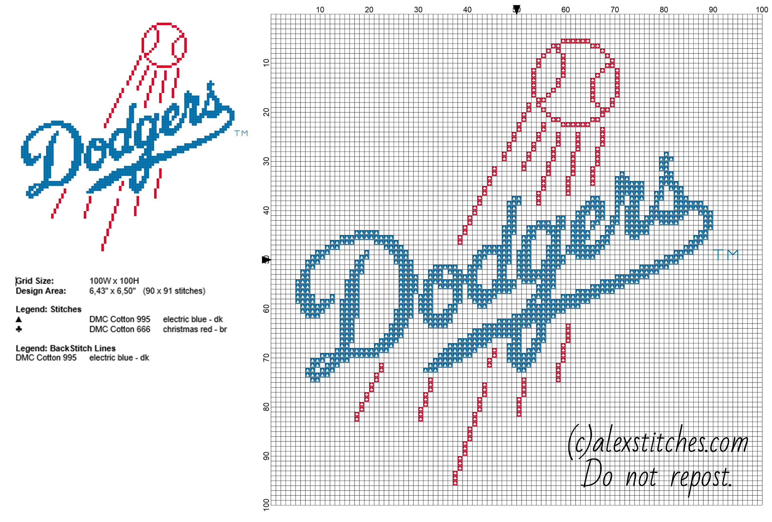 Los Angeles Dodgers Major League baseball MLB team logo cross stitch pattern 90 x 91 size