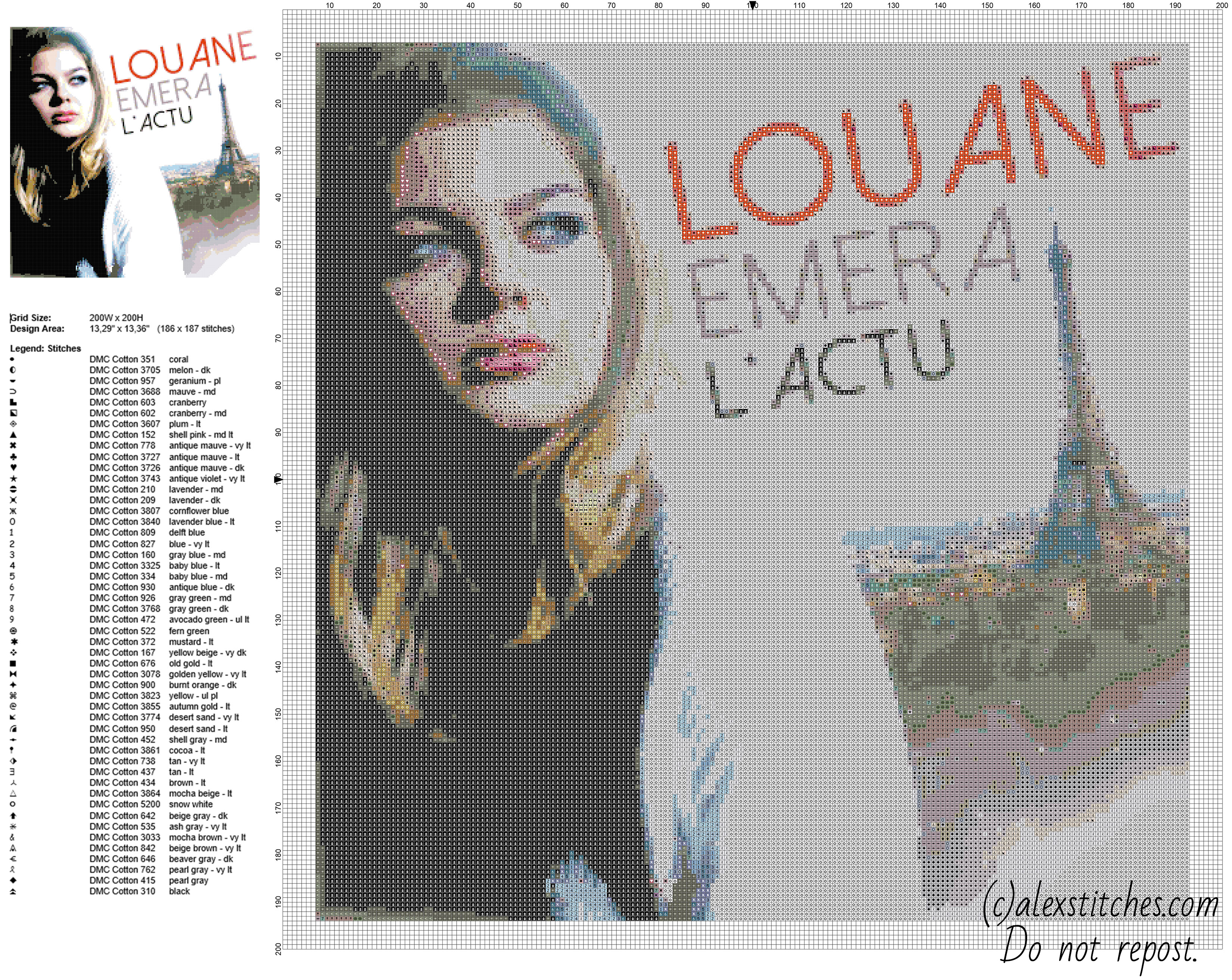 Louane Emera French actress and singer free cross stitch pattern 200 x 200 50 colors