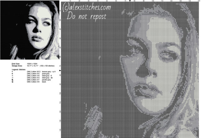 Louane Emera french actress free cross stitch pattern 150 x 150 6 DMC threads
