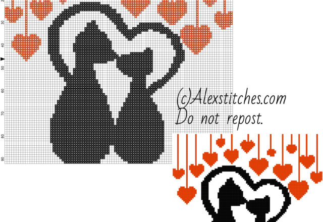 Lovely cats with red hearts free cross stitch pattern 100x92 2 colors