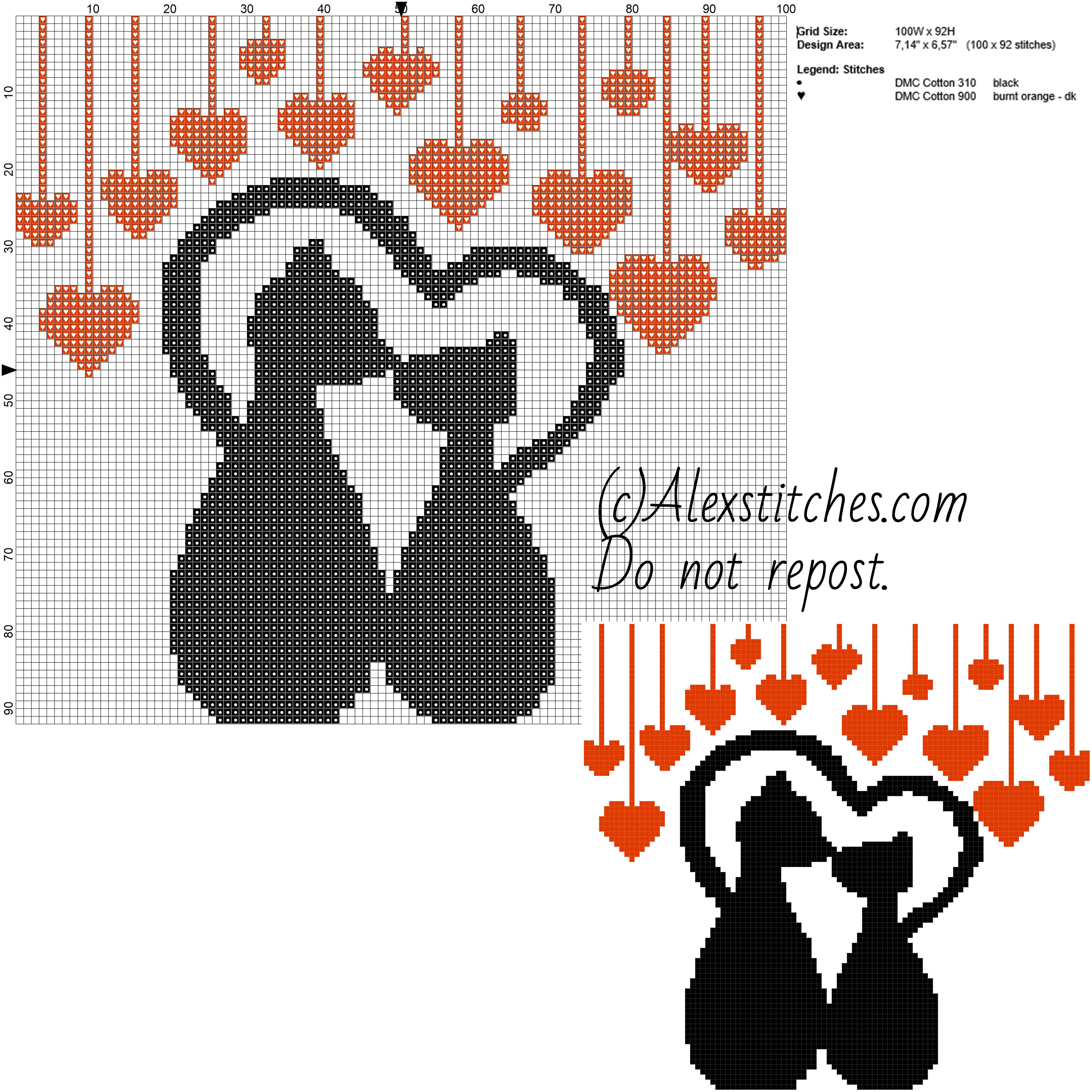 Lovely cats with red hearts free cross stitch pattern 100x92 2 colors