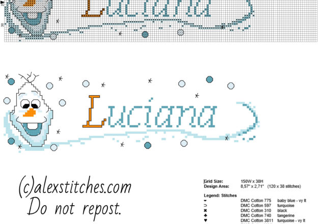 Luciana cross stitch baby female name with Olaf from Disney Frozen free download