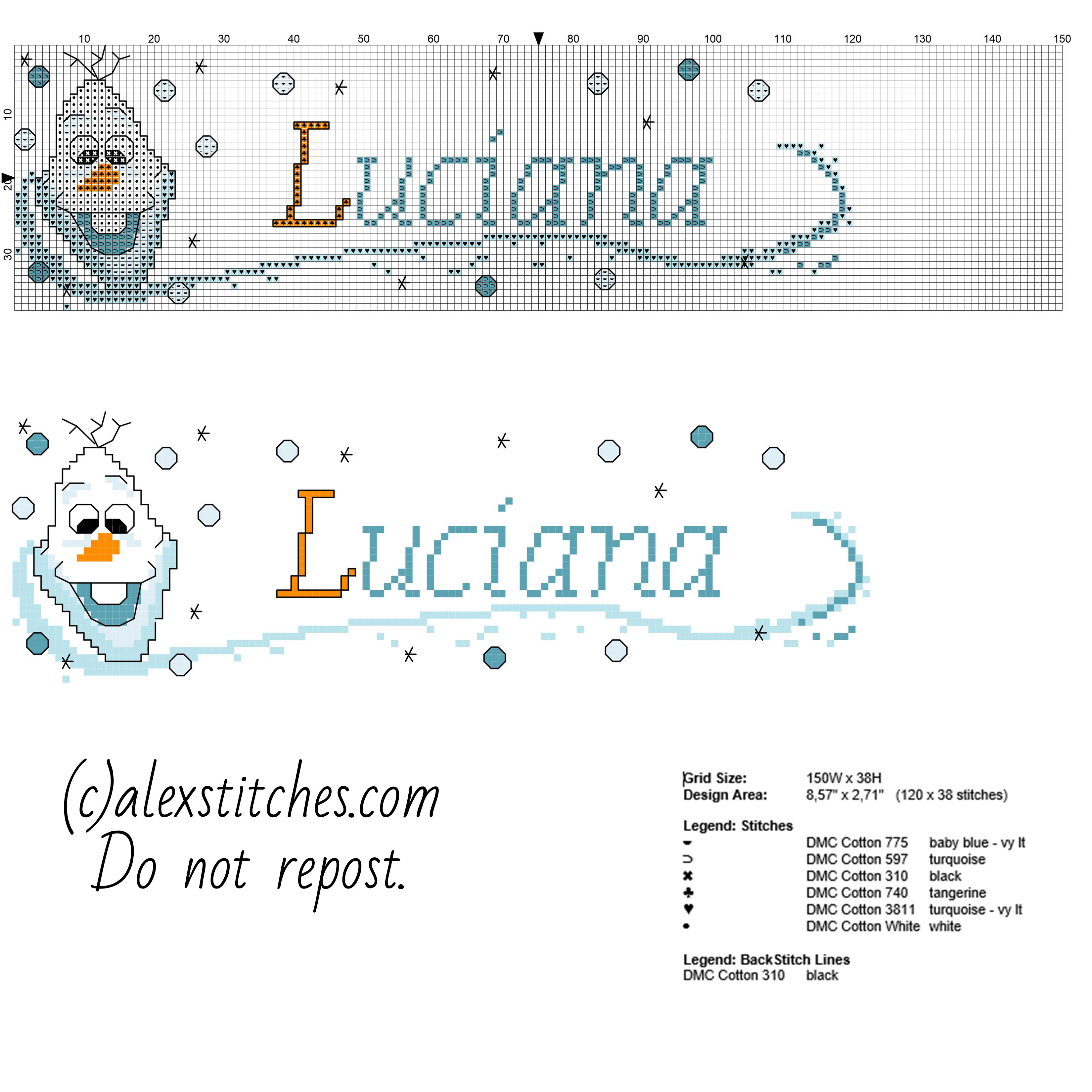 Luciana cross stitch baby female name with Olaf from Disney Frozen free download