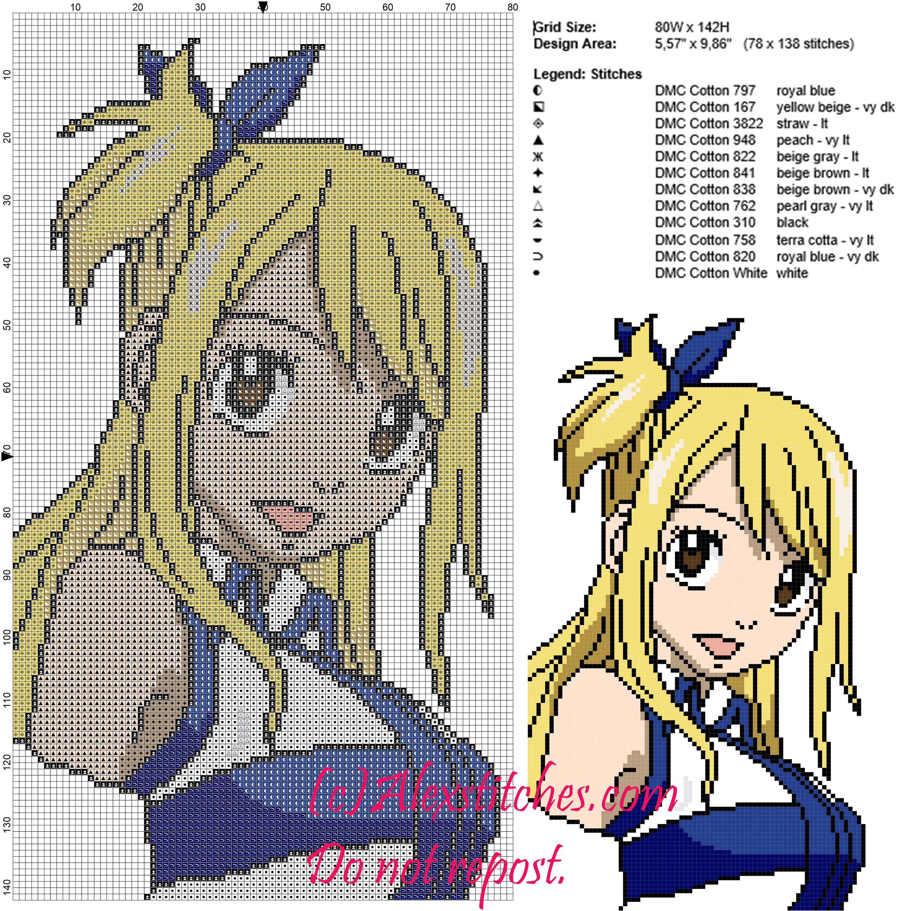 Lucy Heartfilia (Fairy Tail) cross stitch pattern 80x142 12 colors