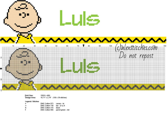 Luis cross stitch baby male name with Peanuts Charlie Brown