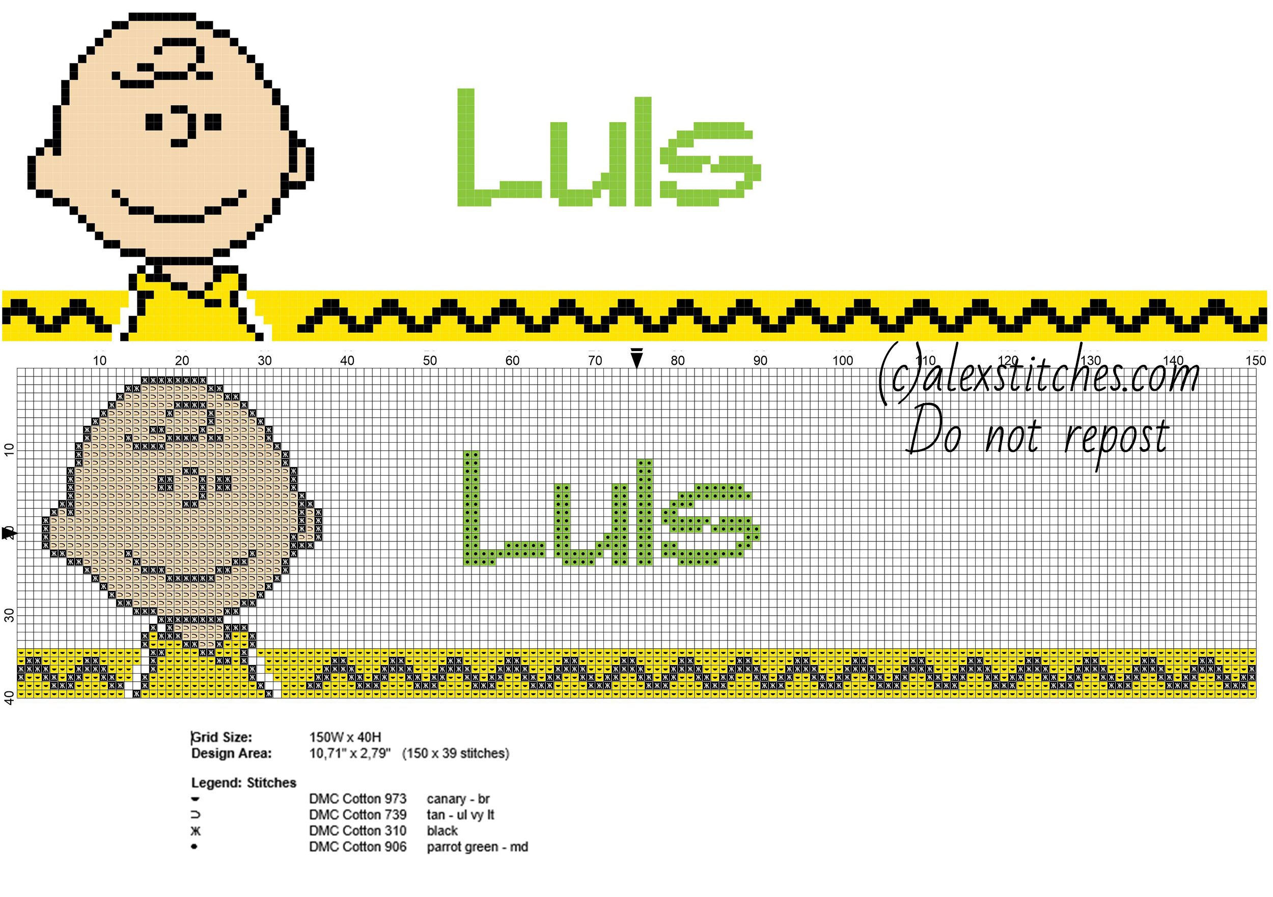 Luis cross stitch baby male name with Peanuts Charlie Brown