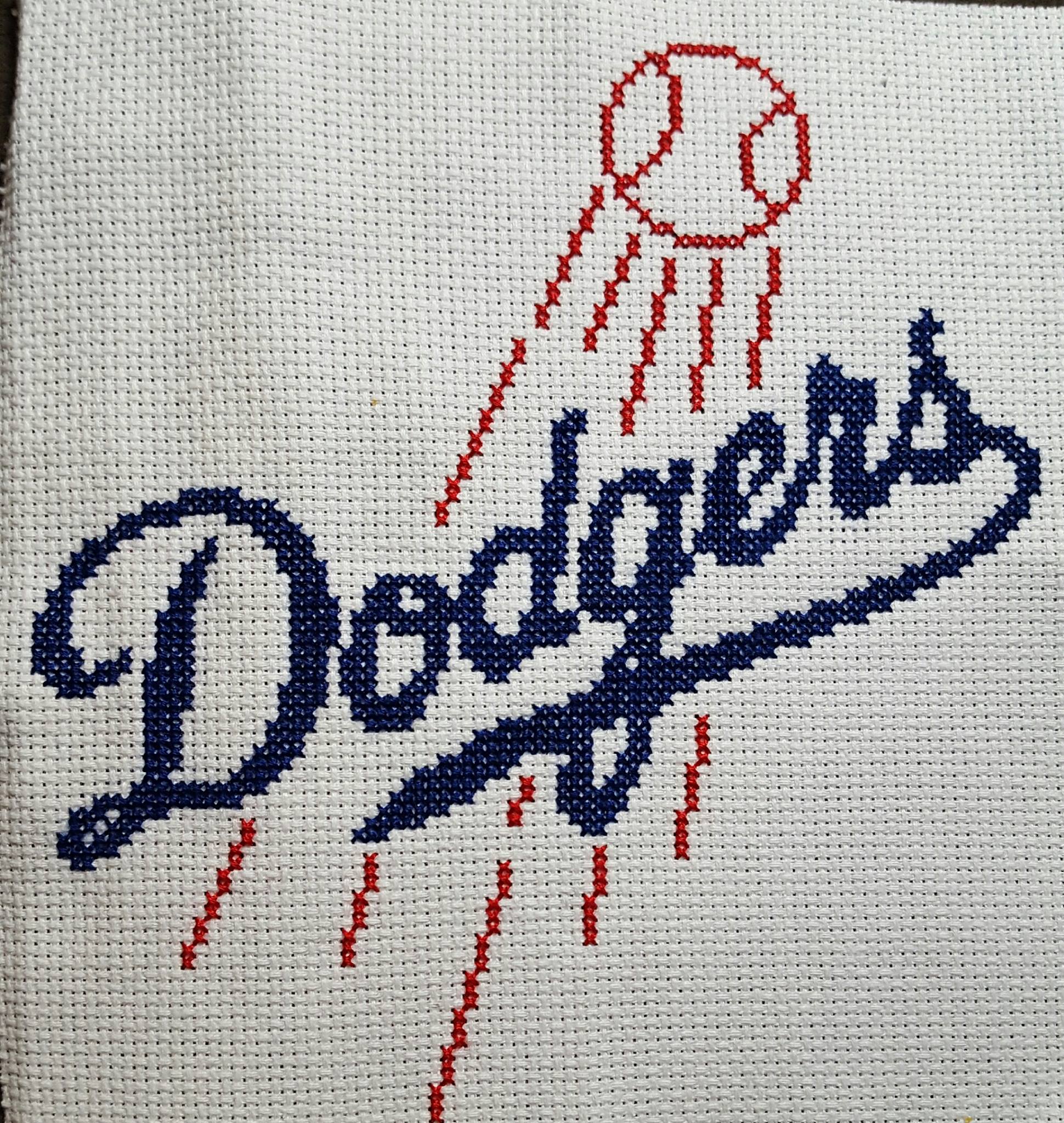 MLB Los Angeles Dodgers cross stitch work photo by Melissa Doran-Denbow