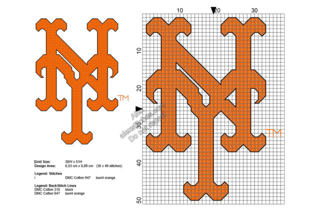 MLB New York Mets logo free cross stitch pattern 36x49